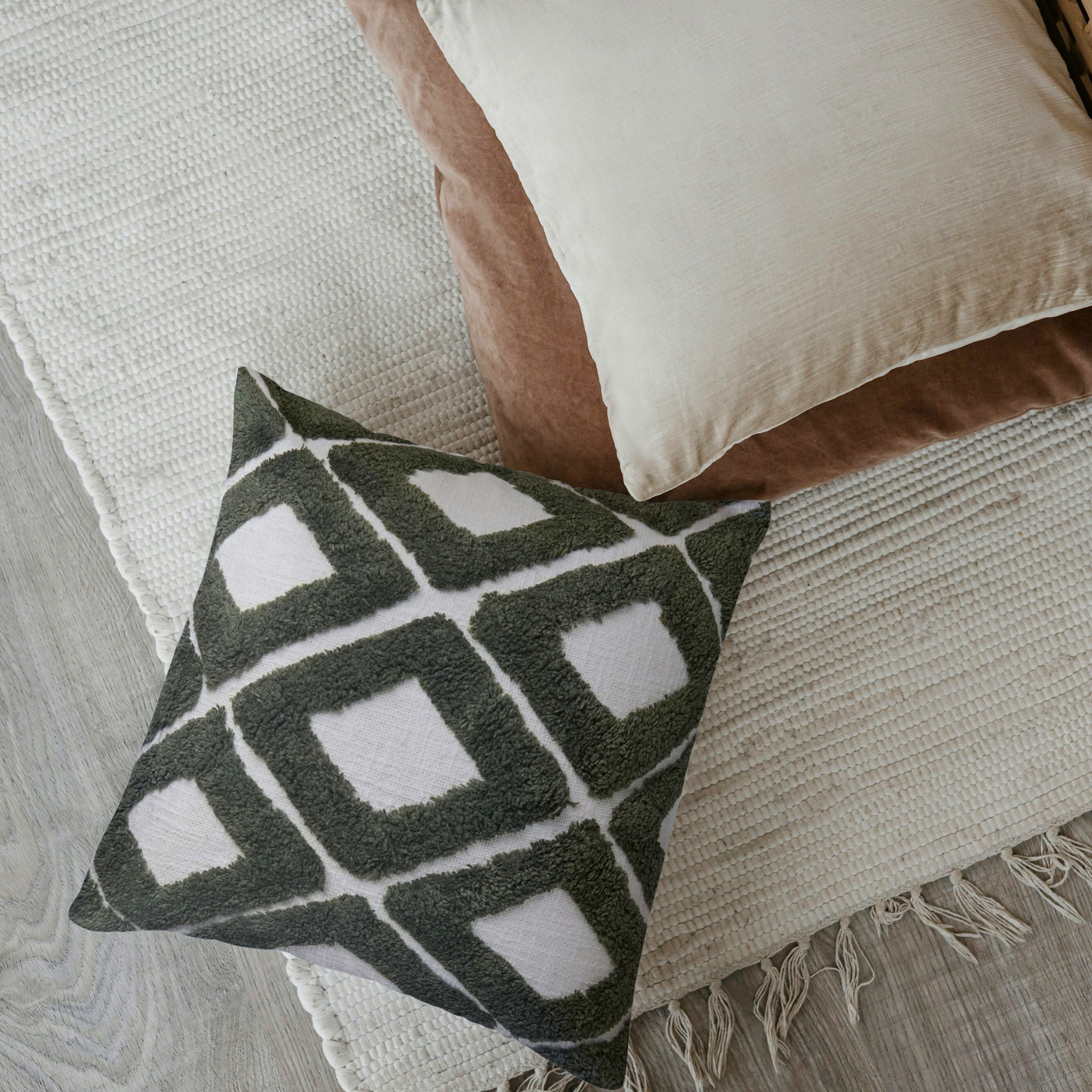 Housse de coussin en coton vert et ivoire