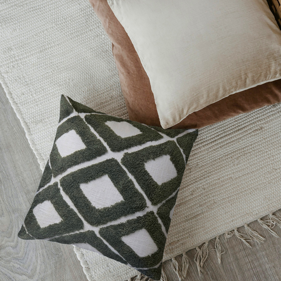Housse de coussin en coton vert et ivoire