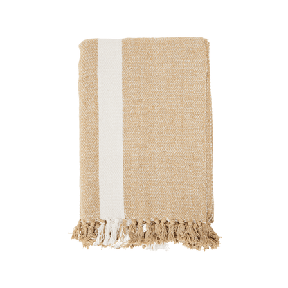 drap de plage en coton recycle de couleur camel et lisere blanc