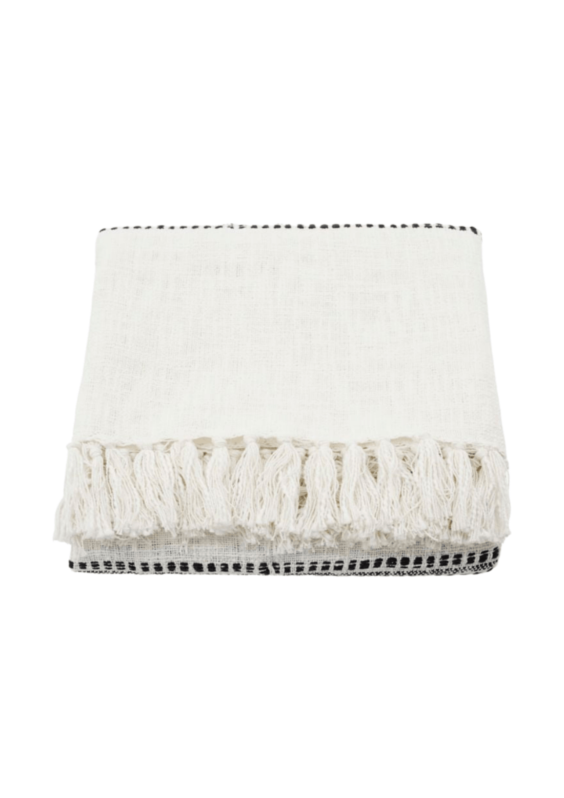 plaid ou fouta a franges en coton ecru et aux motifs noirs elegant et chaleureux